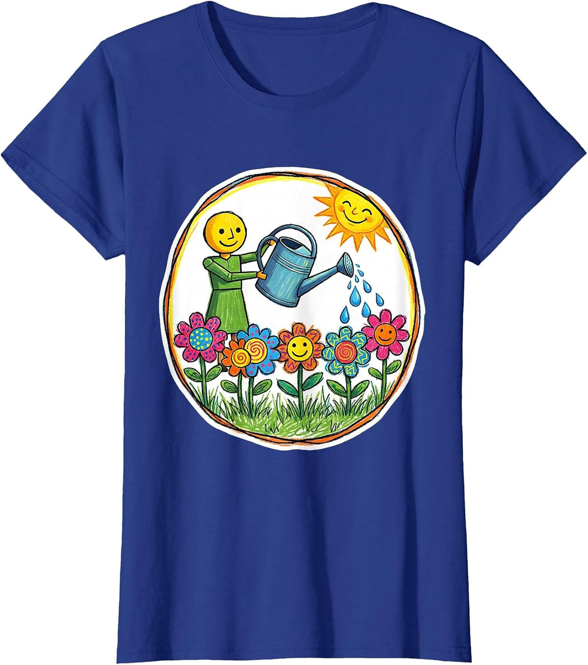 Women's Preschool Teacher Watering Children Flowers Art T-Shirt - Royal Blue