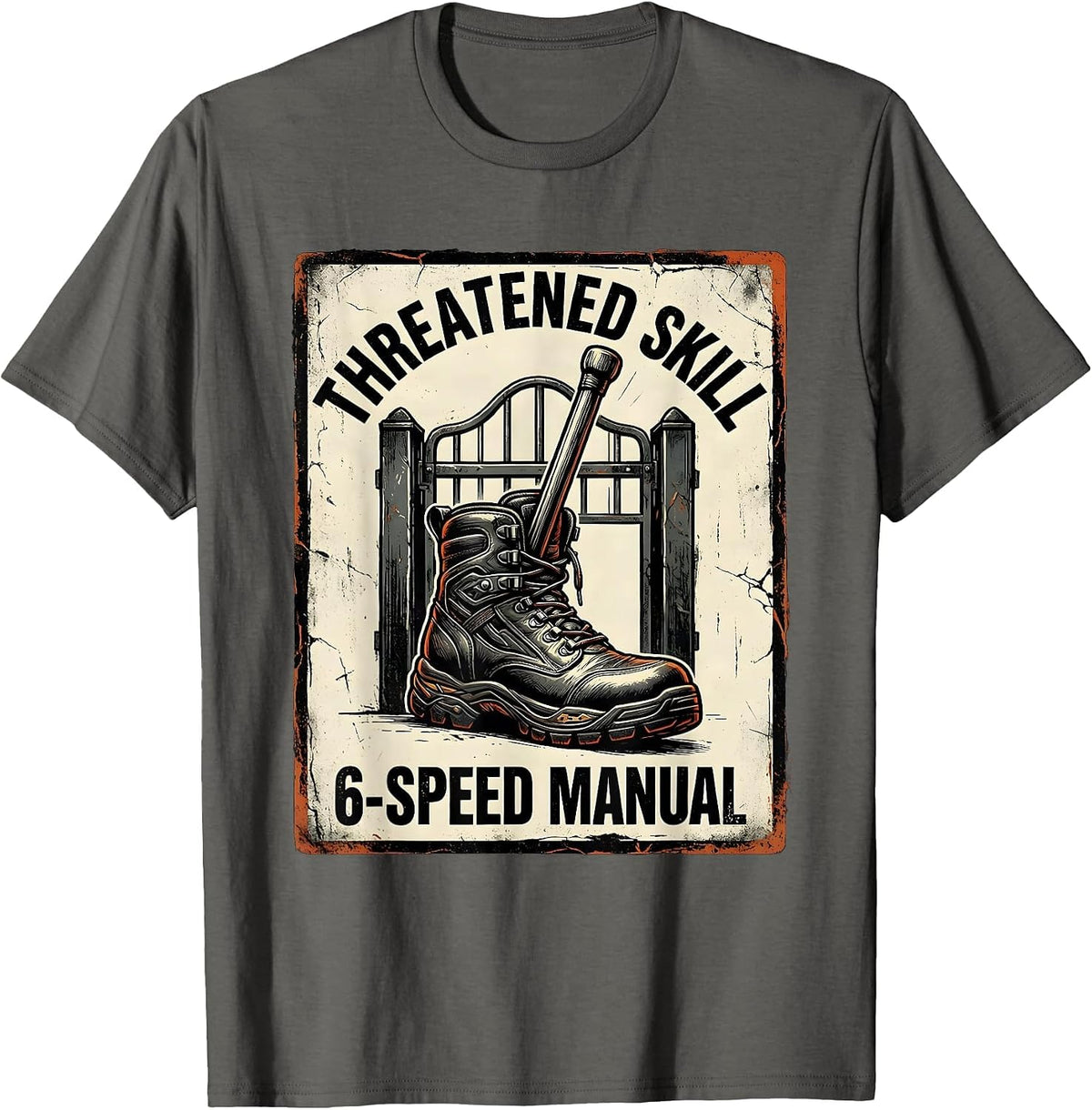 Threatened Skill 6-Speed Manual Distressed Car Guy Mechanic T-Shirt - Asphalt Grey