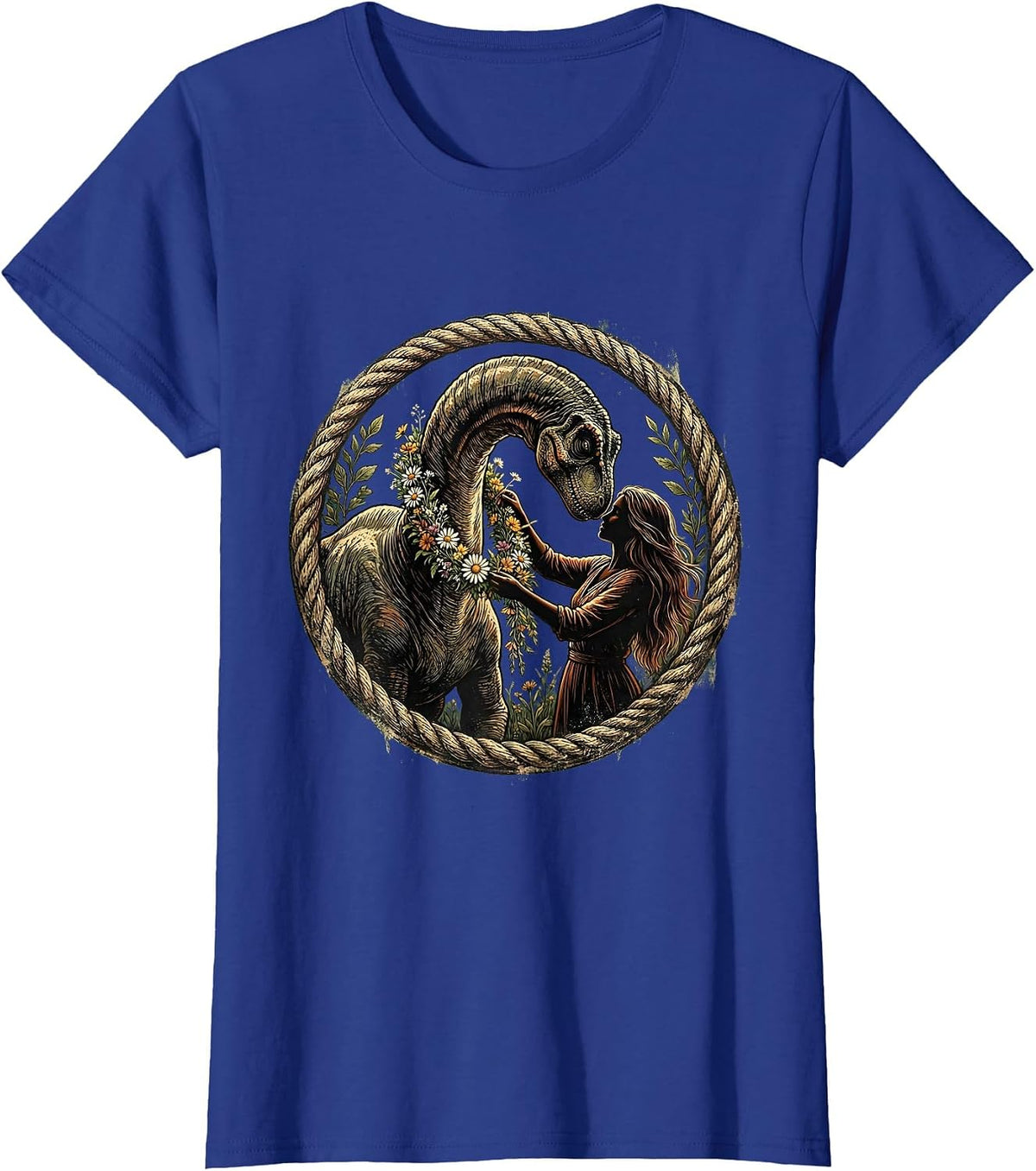Women's Brachiosaurus Flower Braid Dinosaur Illustration T-Shirt - Royal Blue