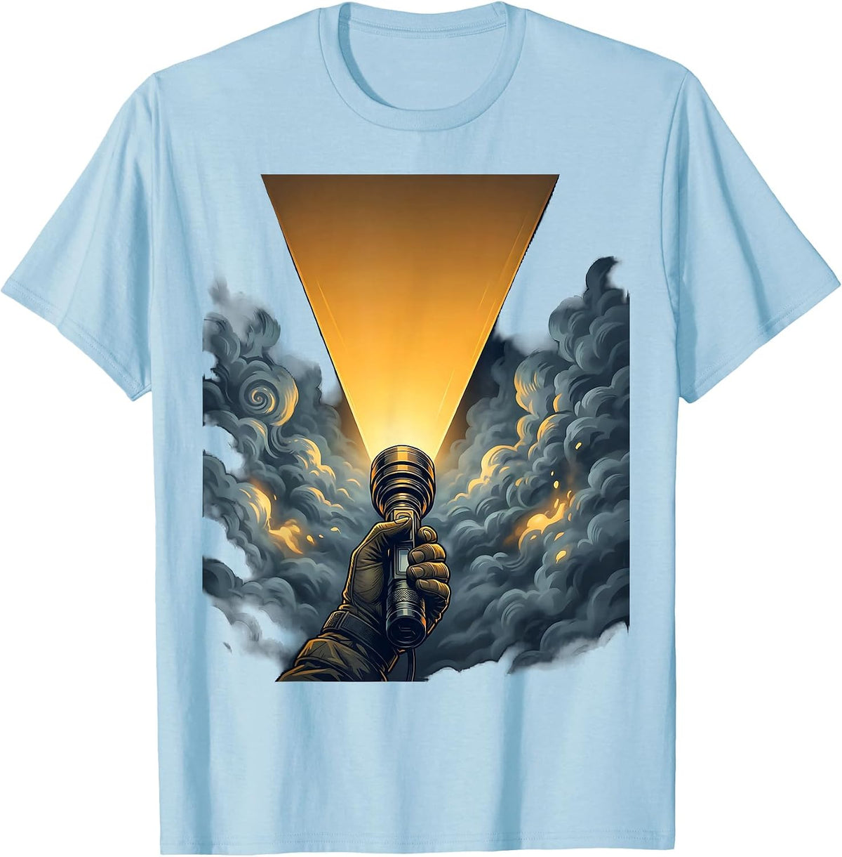 Police Flashlight Beam Through Fog Graphic T-Shirt - Baby Blue
