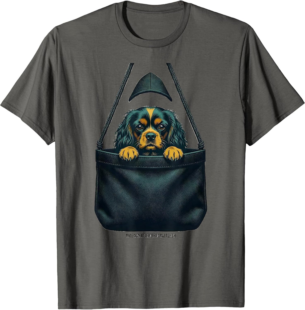 My Cavalier Rides In My Pouch Midcentury Modern Dog Lover T-Shirt - Asphalt Grey