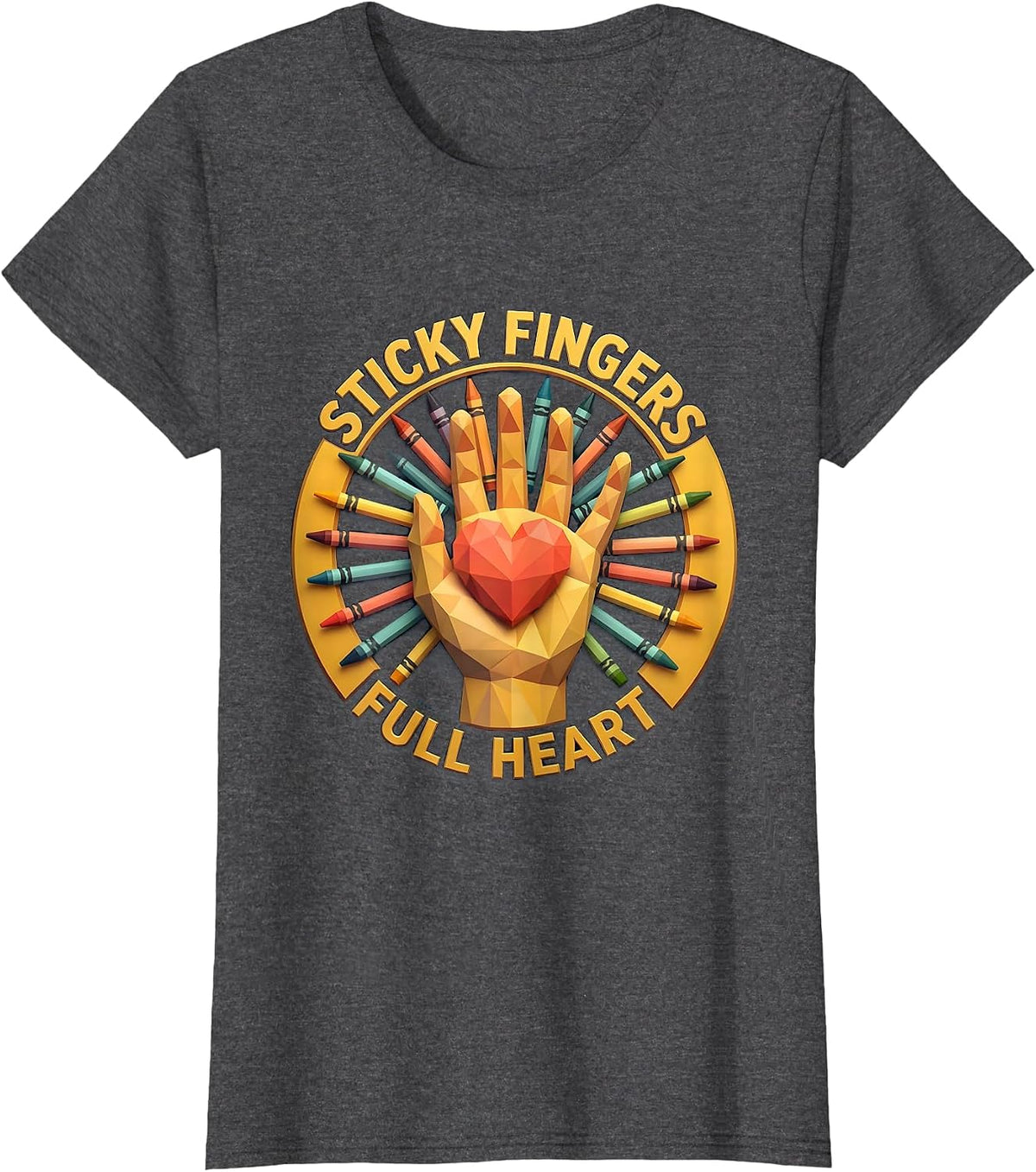 Women's Sticky Fingers Full Heart Preschool Teacher Design T-Shirt - Dark Heather Grey