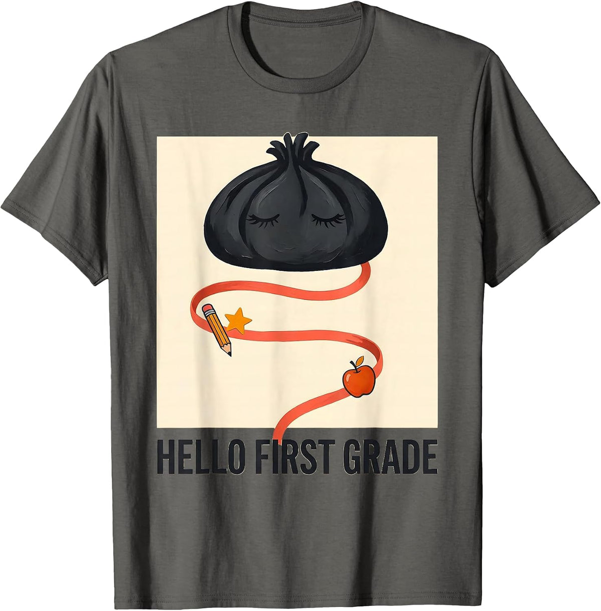 Hello First Grade Back To School Messy Bun Girl Humor T-Shirt - Asphalt Grey