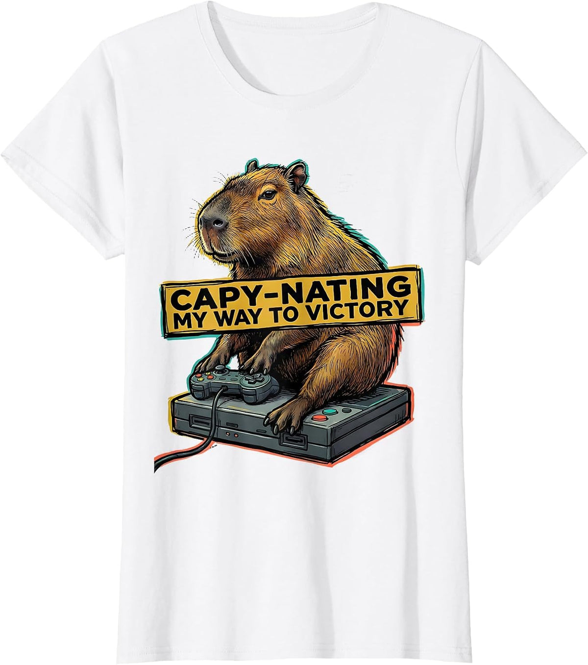 Capy-Nating My Way To Victory Funny Capybara Gamer Humor T-Shirt - White