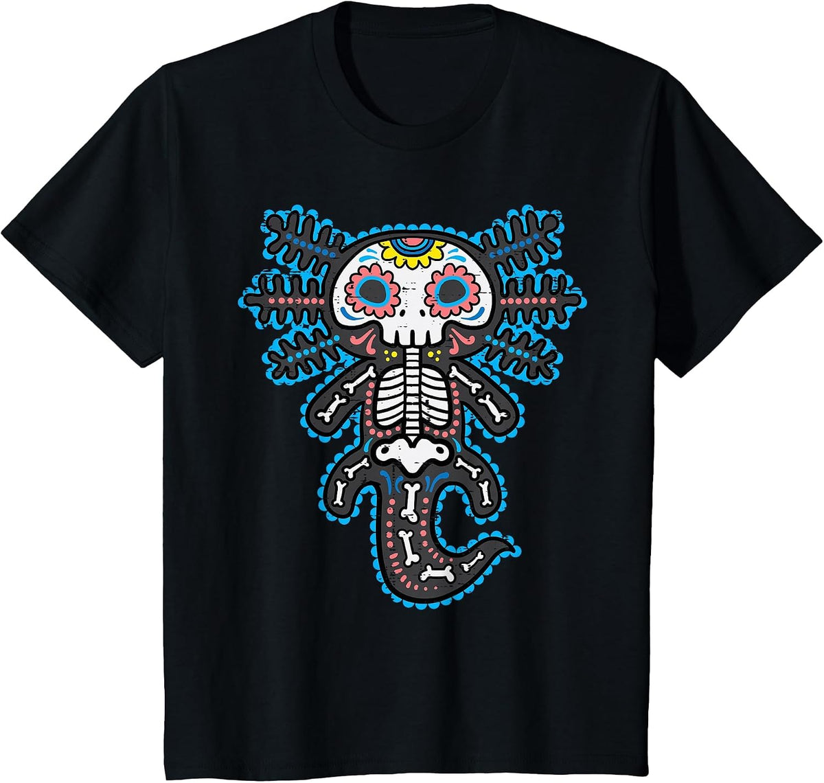 Sugar Skull Axolotl Skeleton Halloween Dia De Los Muertos T-Shirt - Black