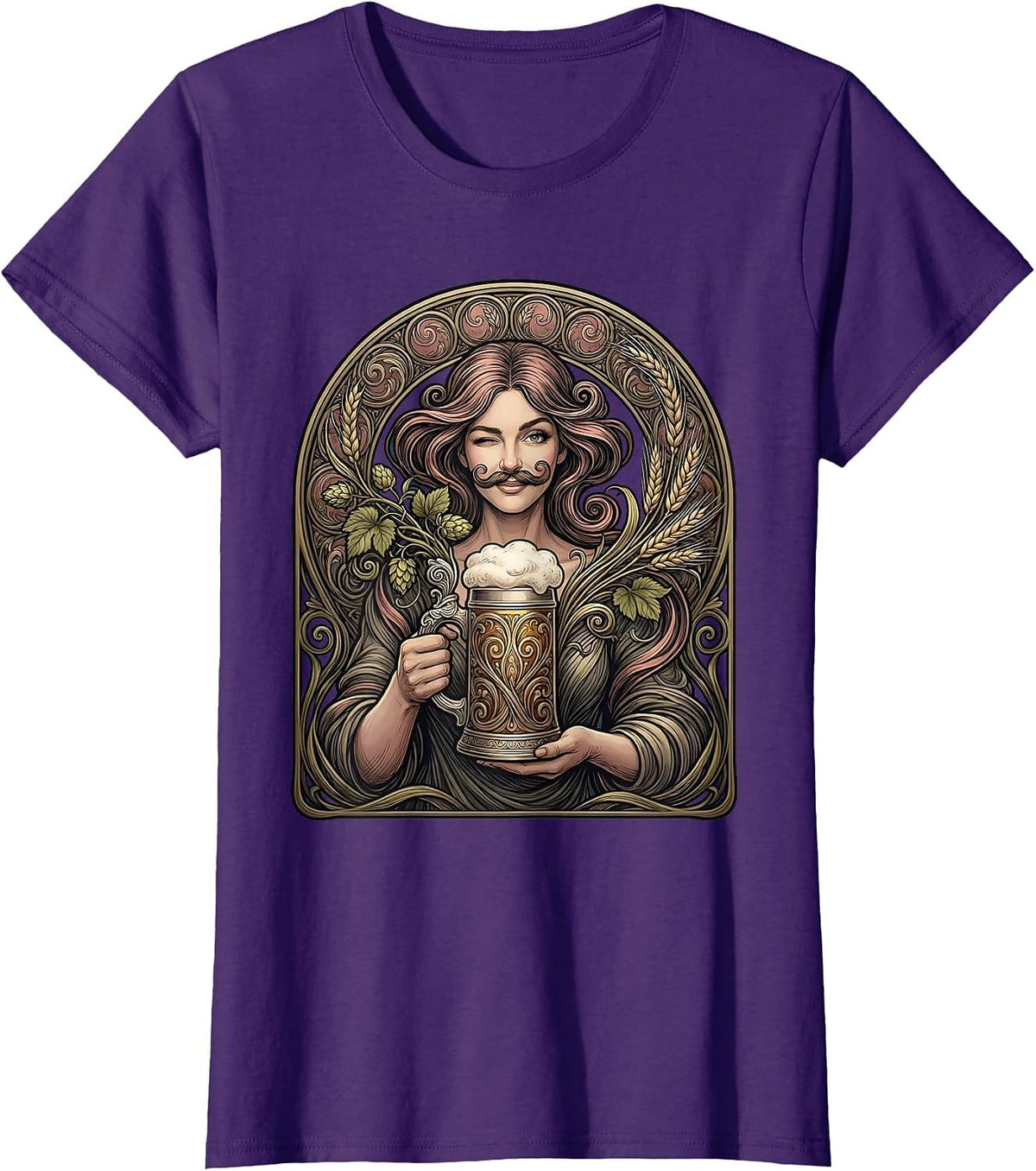 Women's Beer Foam Mustache Winking Illustration T-Shirt - Purple