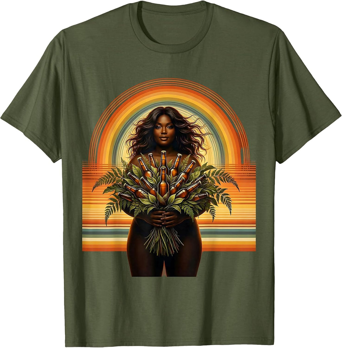 Woman With Beer Bottle Bouquet Illustration T-Shirt - Olive Green