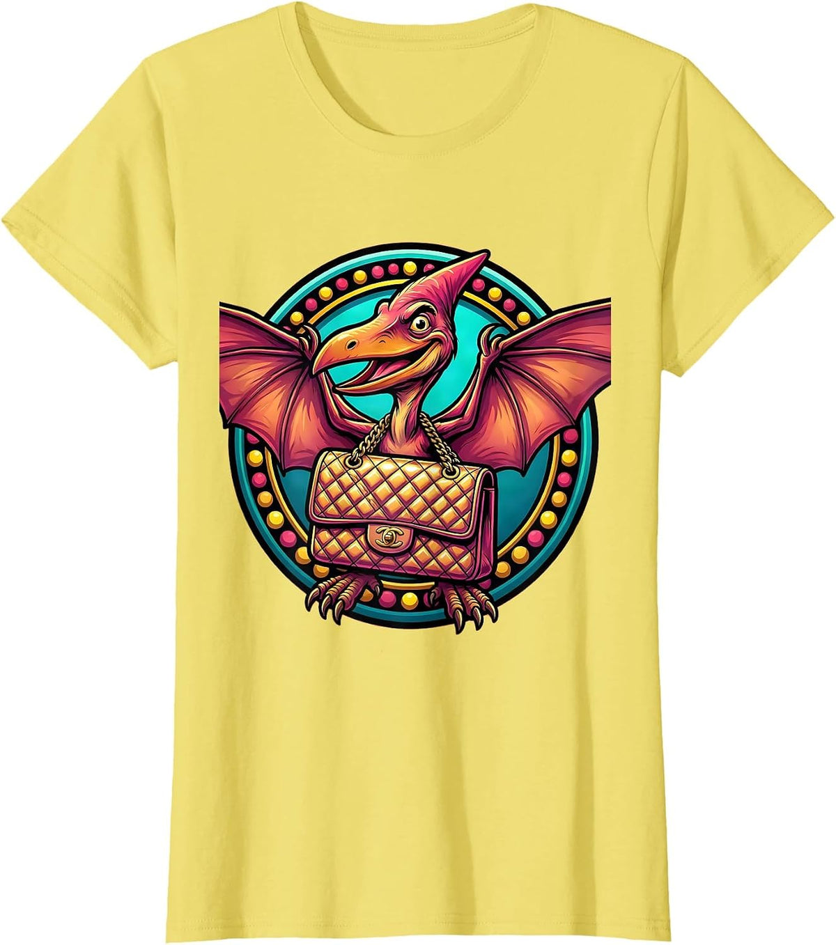 Pterodactyl Handbag Dinosaur Illustration T-Shirt - Lemon Yellow