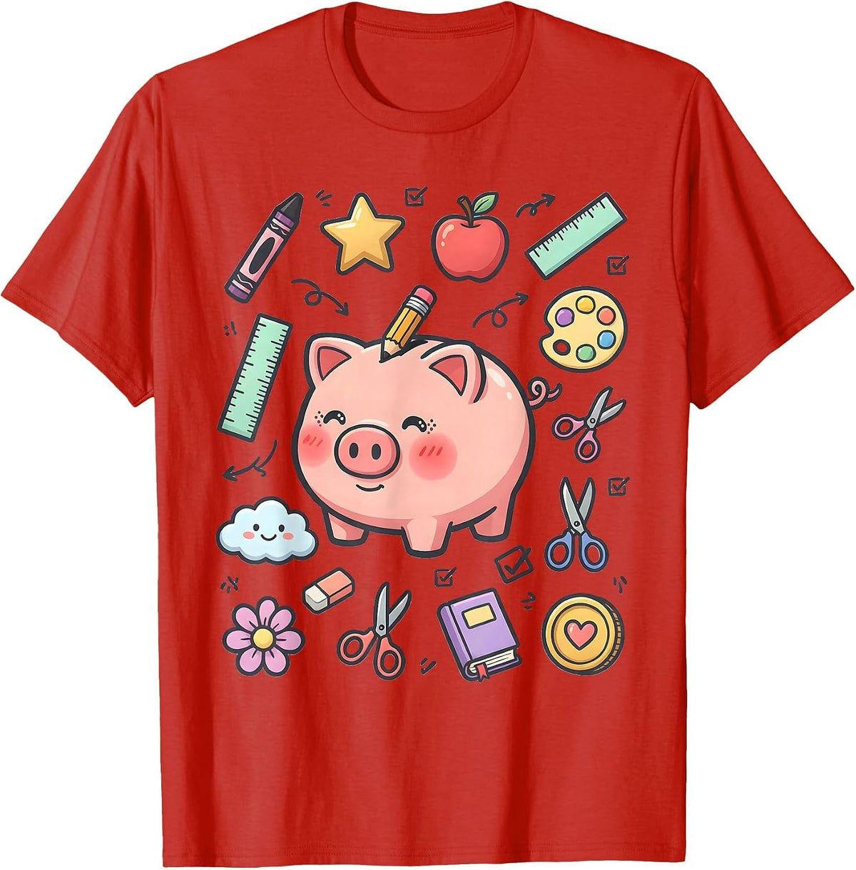 Men's Preschool Teacher Piggy Bank Pencil Graphic T-Shirt - Red