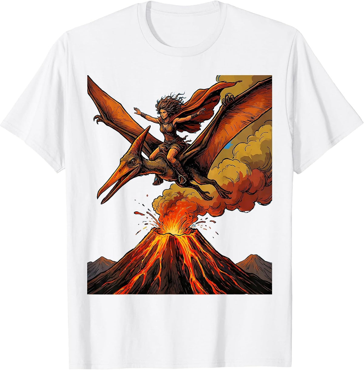 Men's Pterodactyl Soaring Above Volcano Dinosaur Tee T-Shirt - White