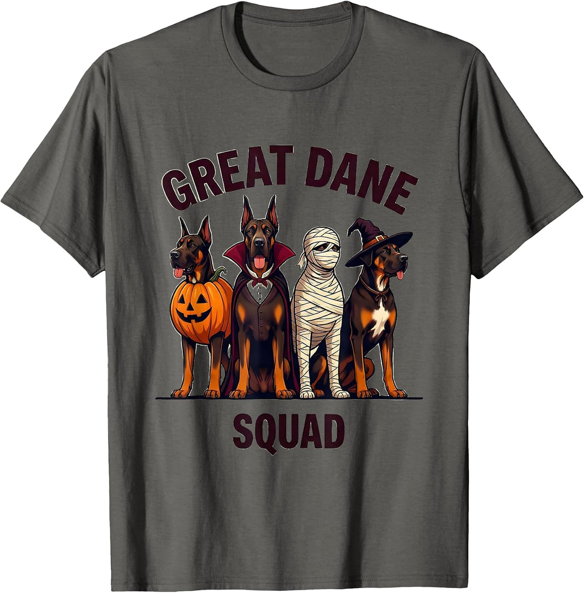 Great Dane Squad Halloween Pumpkin Vampire Mummy Witch Dog T-Shirt - Asphalt Grey