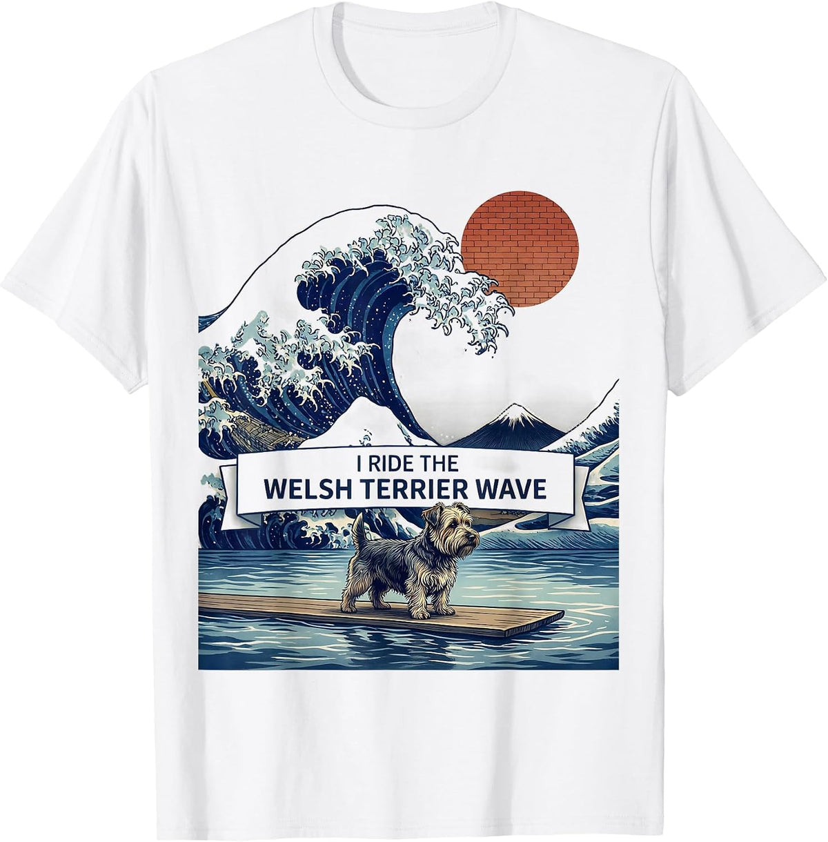 Men's I Ride The Welsh Terrier Wave Ukiyo-e Dog Breed Surfing T-Shirt - White