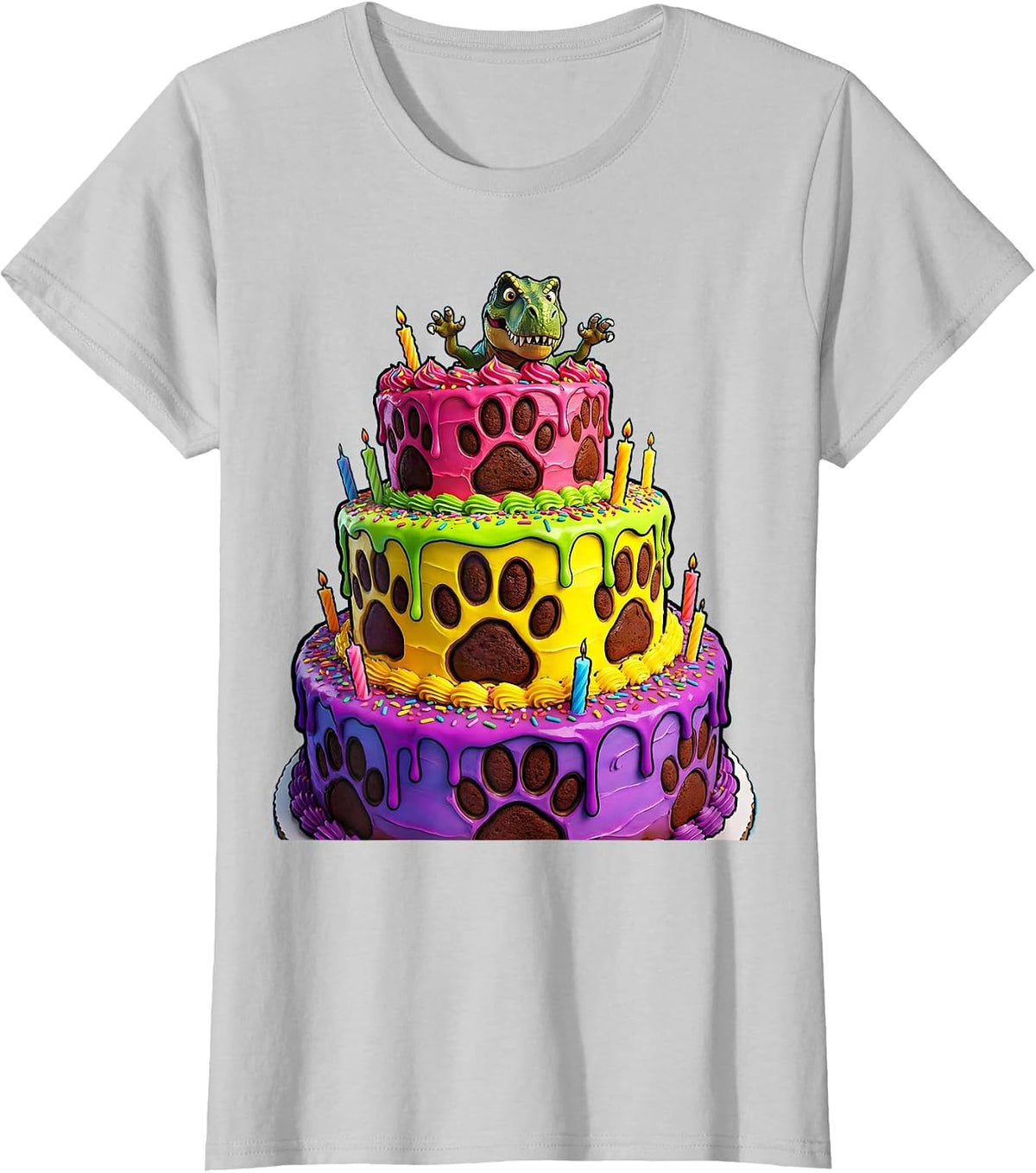 Dinosaur Birthday Cake Stack Illustration T-Shirt - Silver Grey