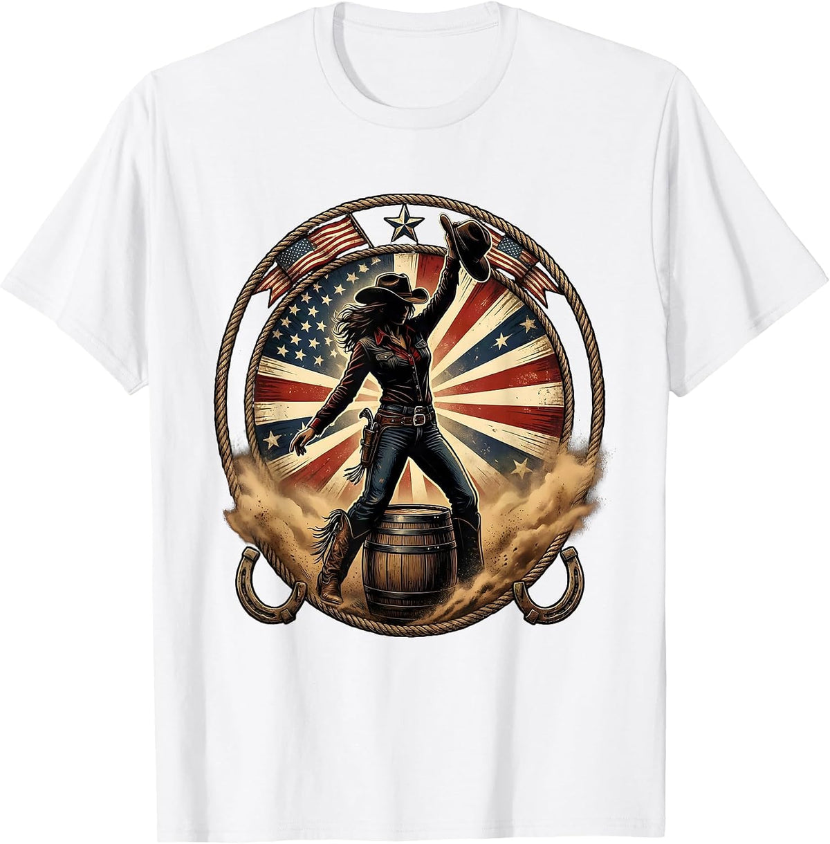 Men's Cowgirl Barrel Racing Dust Cloud Illustration T-Shirt - White