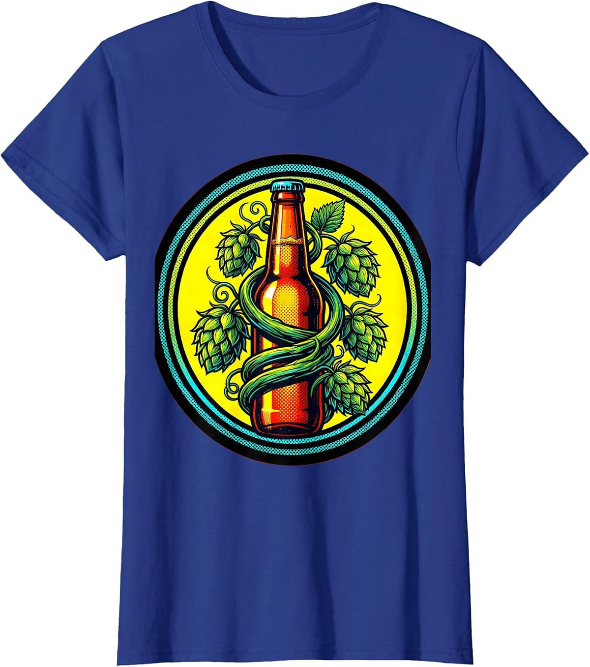 Women's Hop Vine Beer Bottle Botanical Illustration T-Shirt - Royal Blue