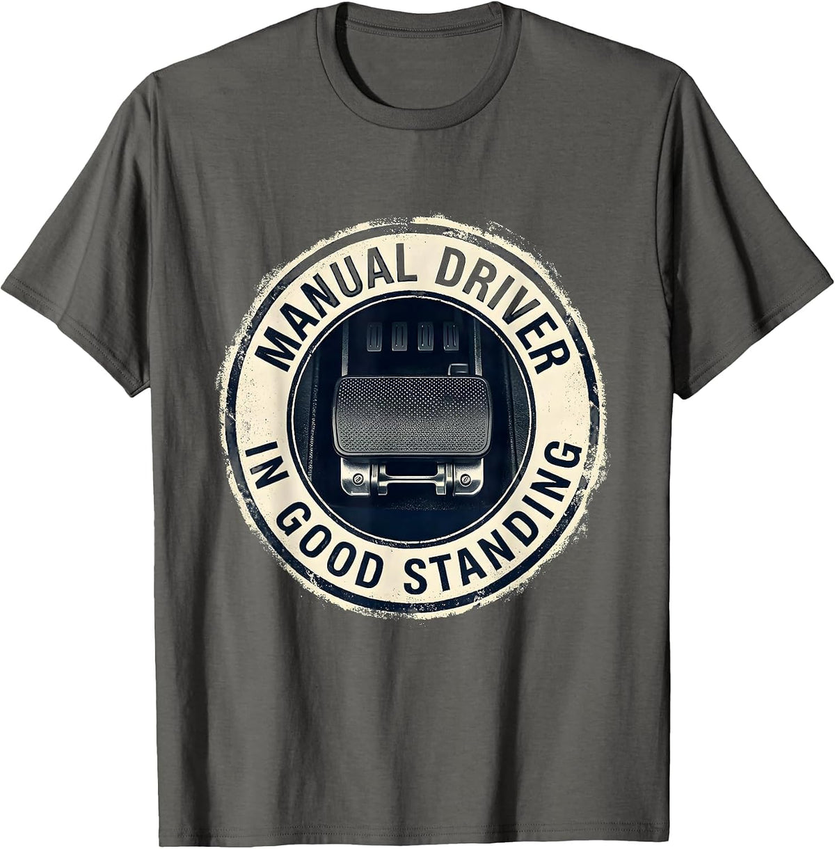 Men's Manual Driver In Good Standing Rubber Stamp Car Guy Stick T-Shirt - Asphalt Grey