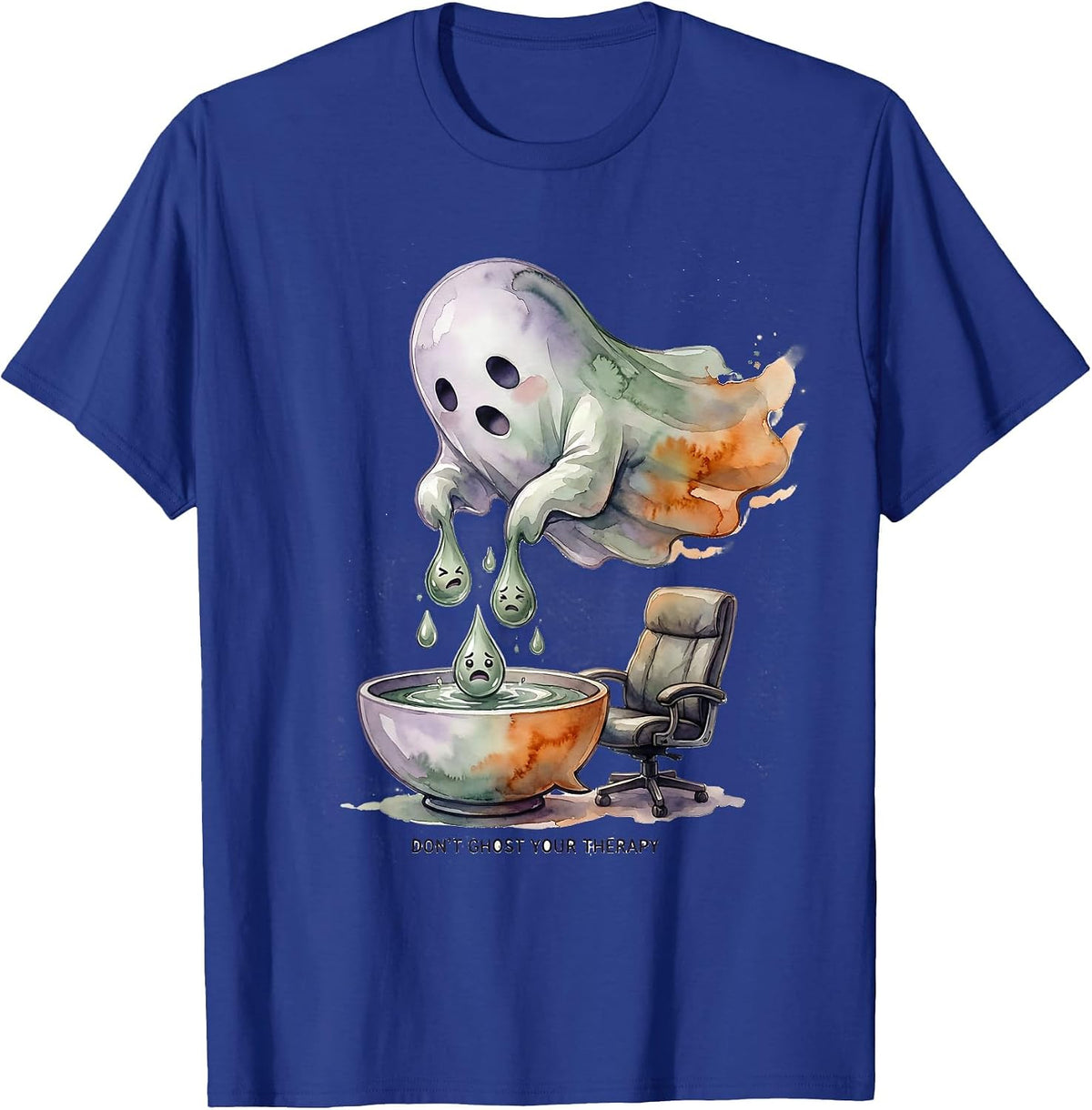 Don't Ghost Your Therapy Watercolor Ghost Mental Health T-Shirt - Royal Blue