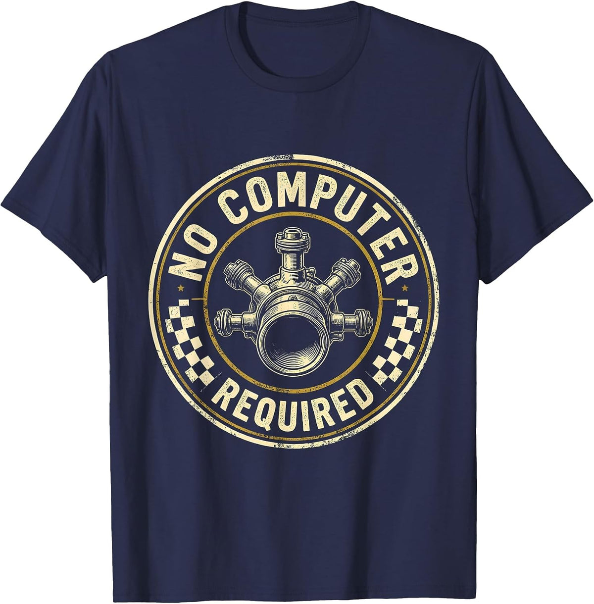 Men's No Computer Required Vintage Muscle Car Racing Enthusiast T-Shirt - Navy Blue