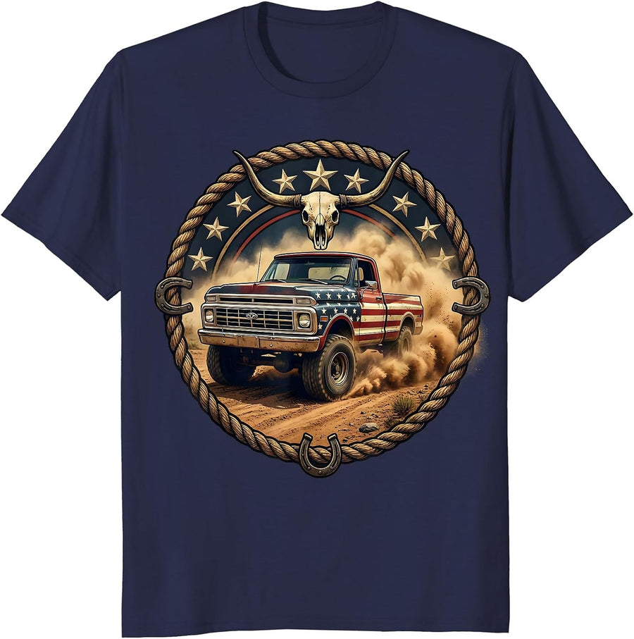 Classic Pickup Truck Dirt Road Americana Graphic T-Shirt - Navy Blue