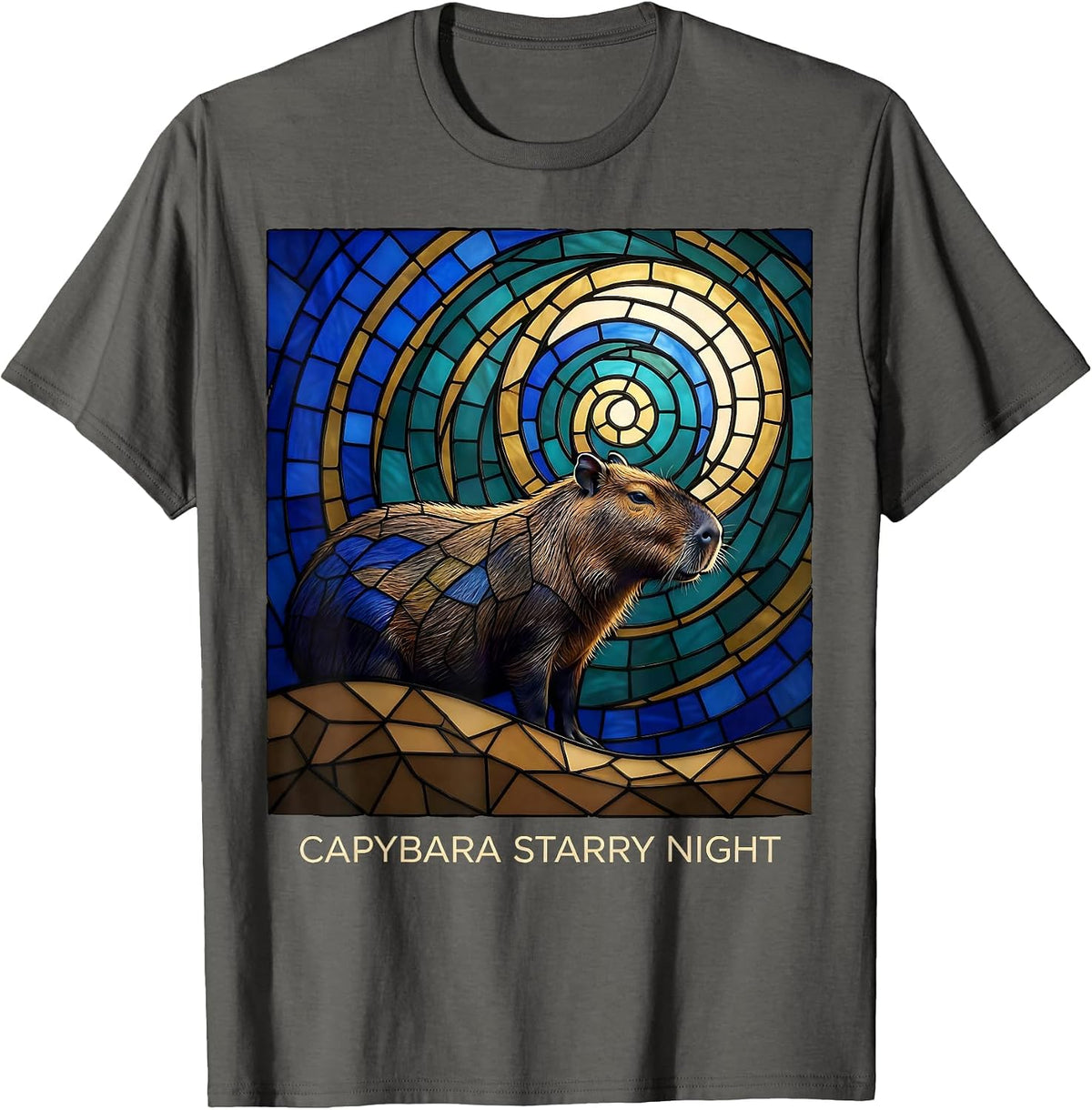 Capybara Starry Night Stained Glass Mosaic Animal Lover Van T-Shirt - Asphalt Grey
