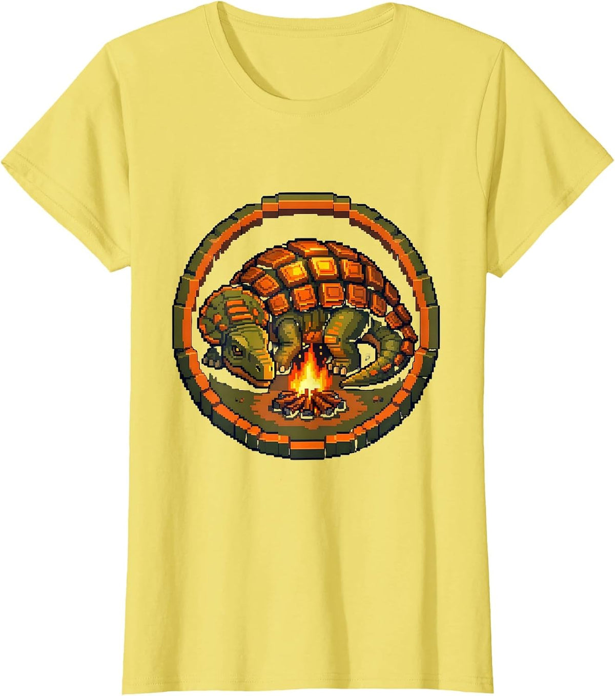 Ankylosaurus Campfire Glow Dinosaur Illustration T-Shirt - Lemon Yellow
