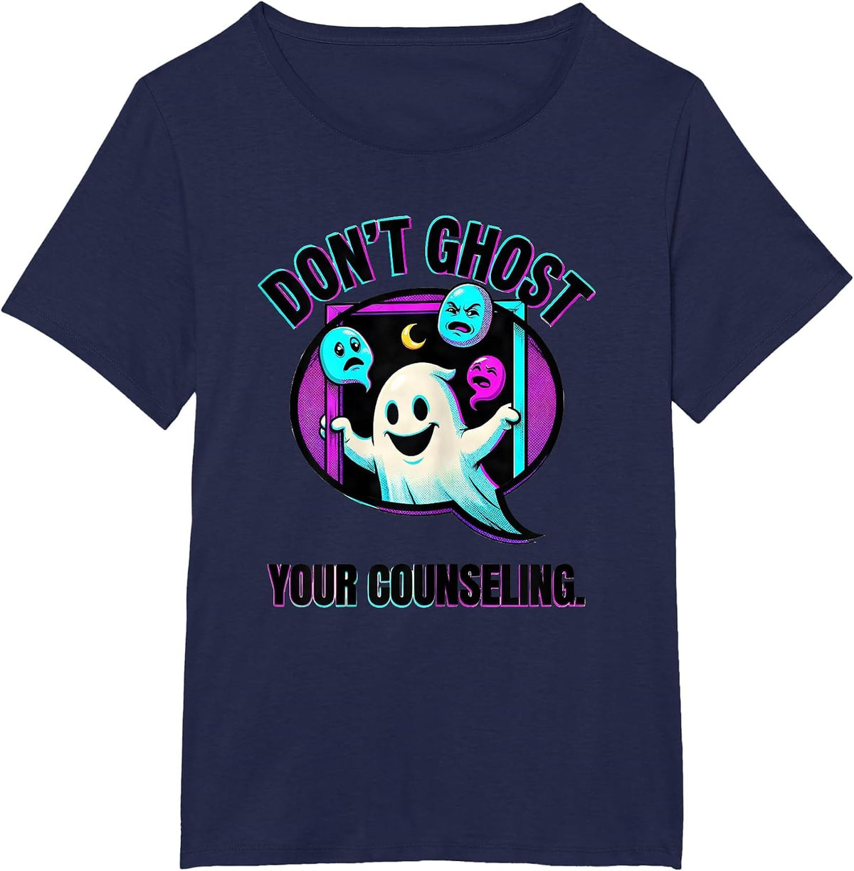 Women's Don't Ghost Your Counseling Pop Art Mental Health Halloween T-Shirt - Navy Blue