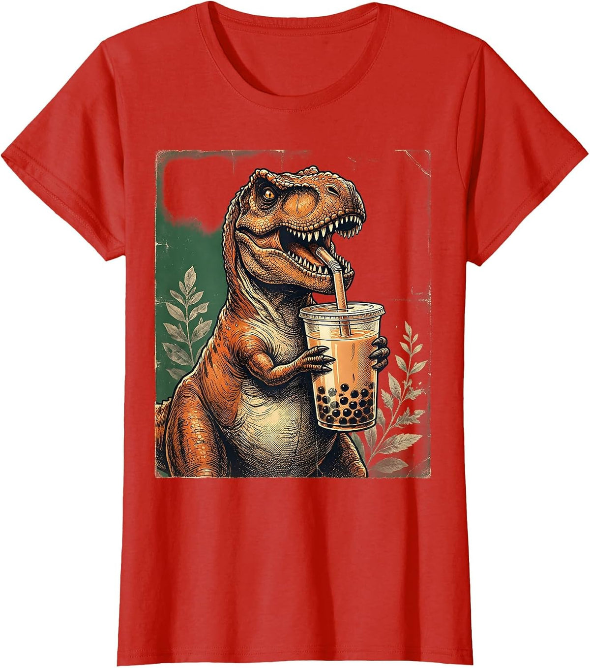 Dinosaur Boba Tea Lover Cute Dino Graphic T-Shirt - Red