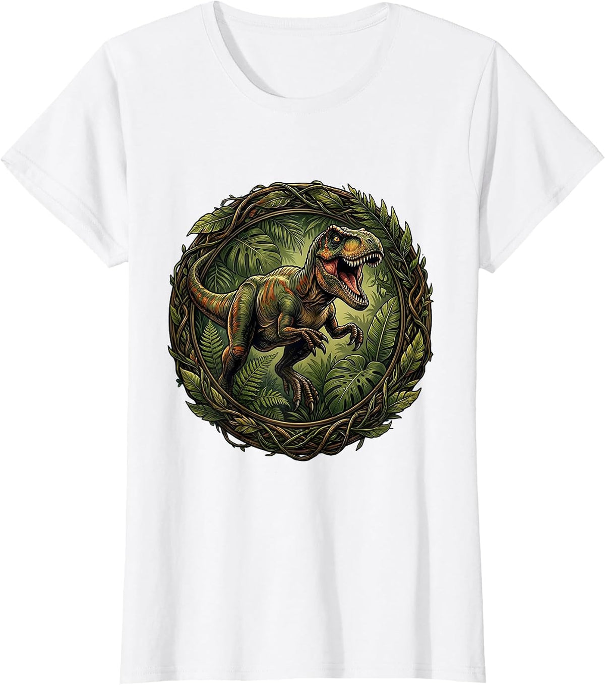 Women's Velociraptor Jungle Leap Dinosaur Illustration T-Shirt - White