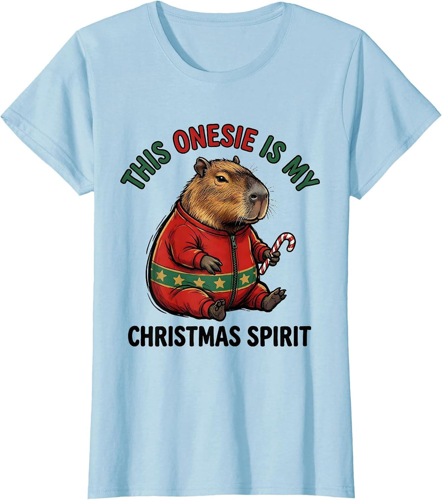 Women's This Onesie Is My Christmas Spirit Cute Capybara Holiday T-Shirt - Baby Blue