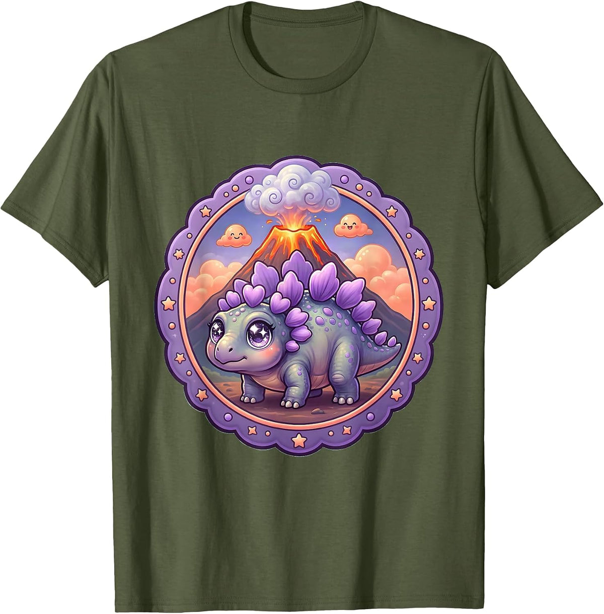 Stegosaurus Silhouette Volcano Eruption Dinosaur T-Shirt - Olive Green