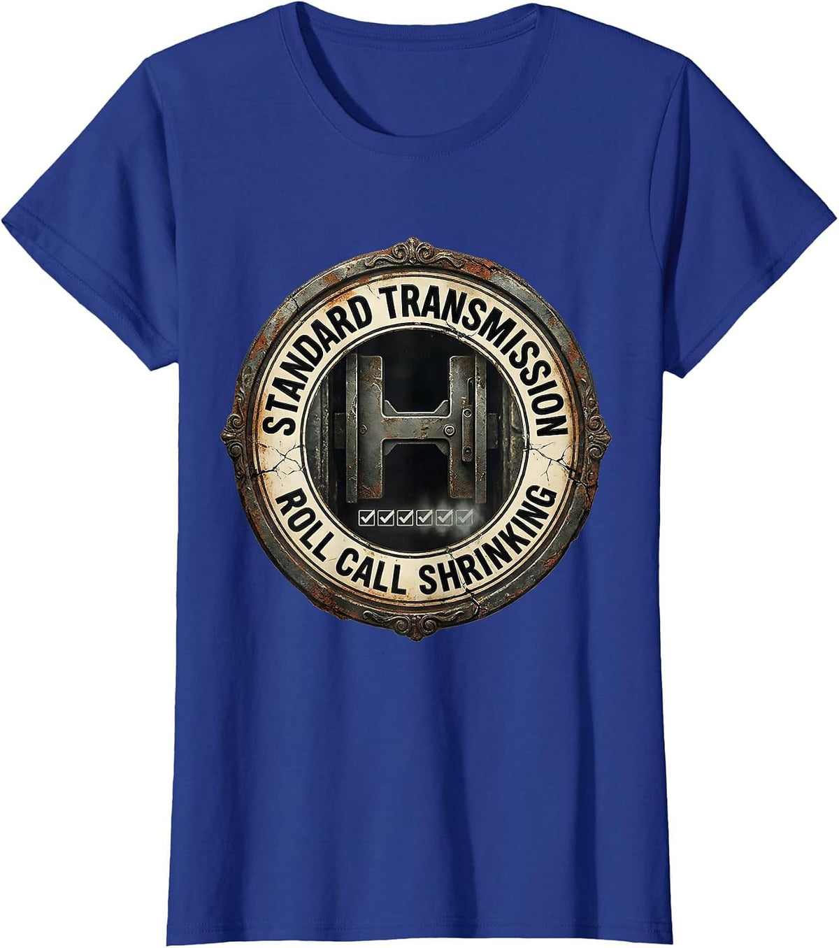 Women's Standard Transmission: Roll Call Shrinking Vintage Car Guy T-Shirt - Royal Blue