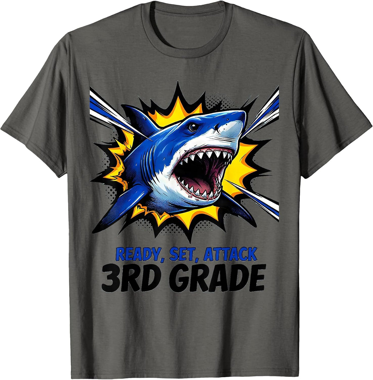 Ready, Set, Attack 3rd Grade Comic Book Shark First Day T-Shirt - Asphalt Grey