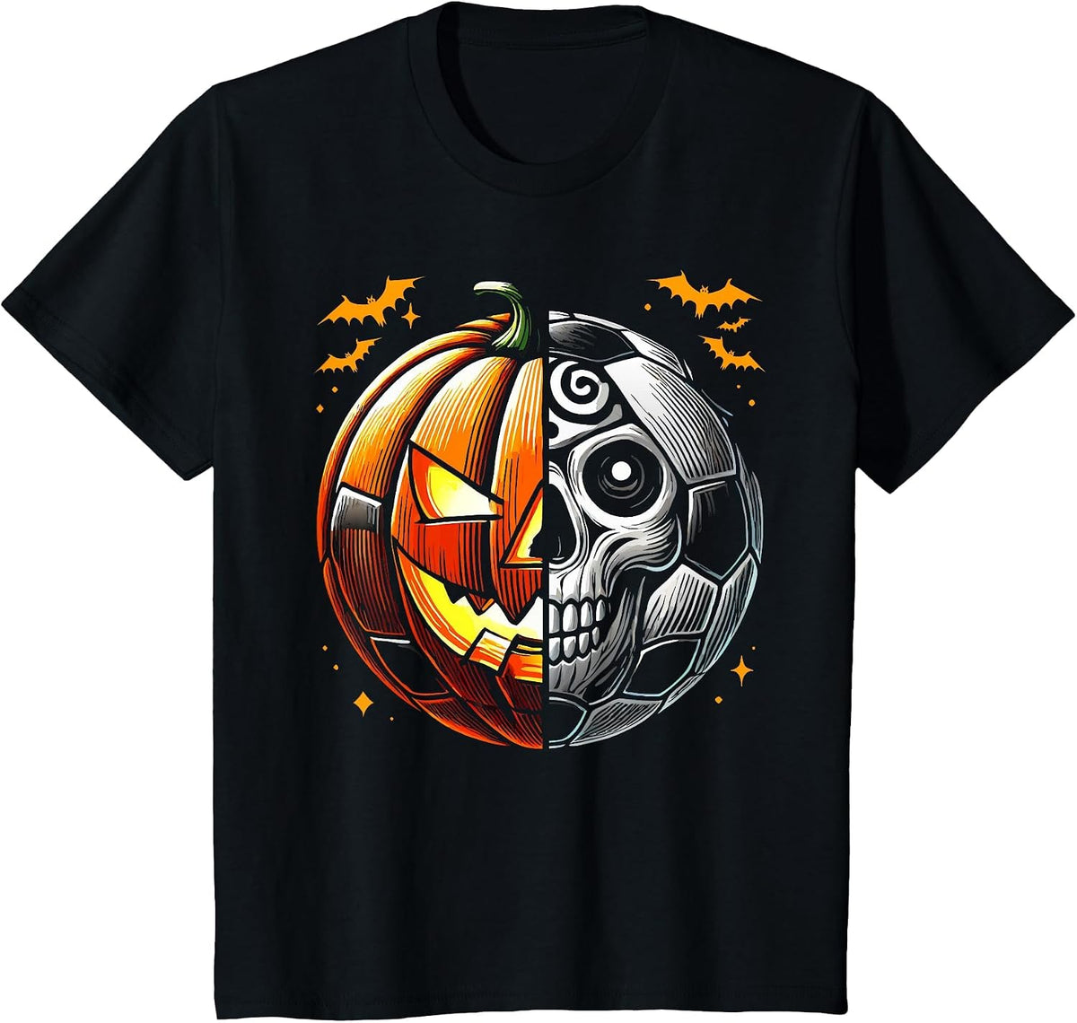 Halloween Soccer Ball Pumpkin Skull Soccer Player T-Shirt - Black