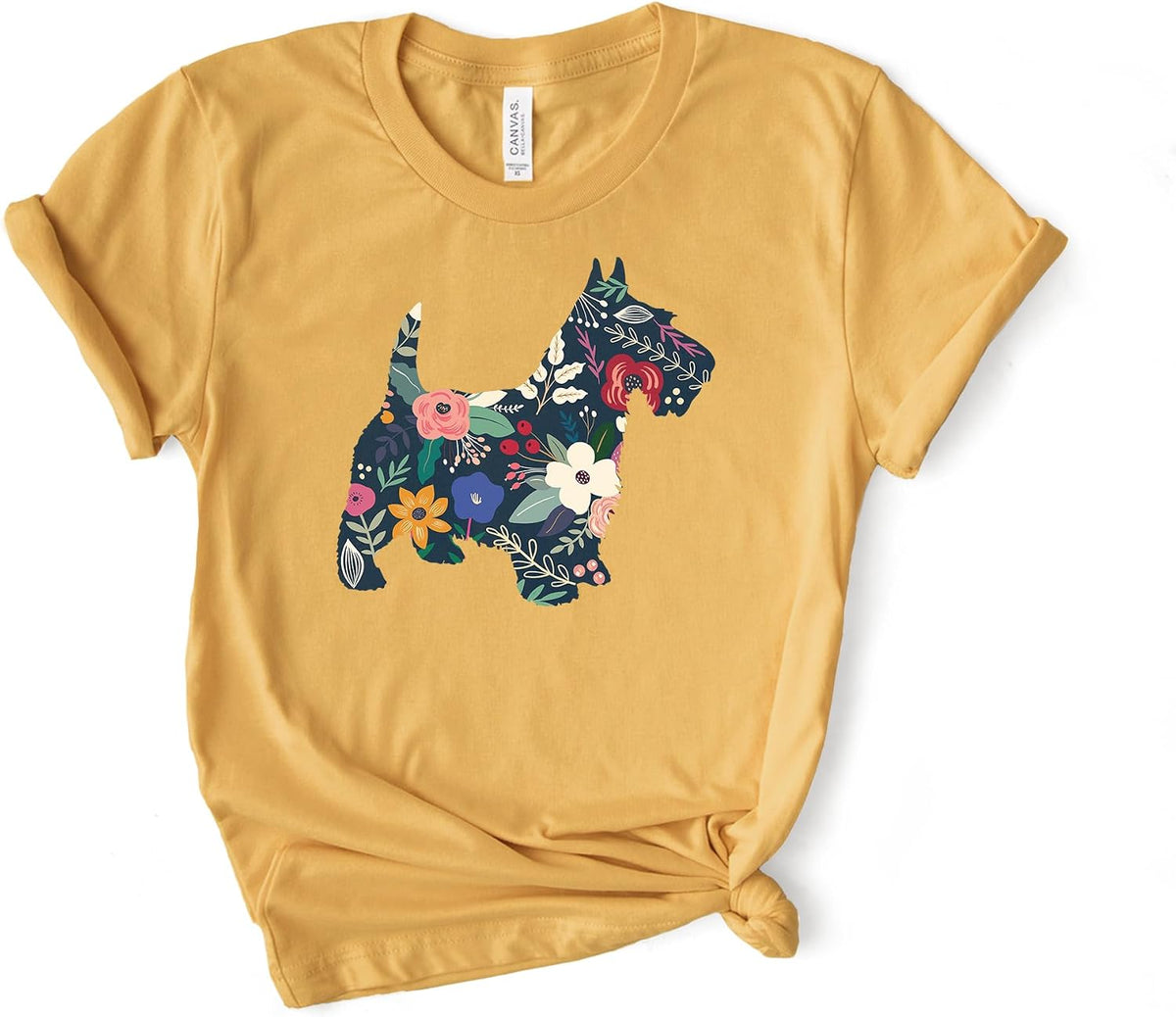 Floral Scottie Dog Shirt, Scottish Terrier Gift Tee, Bella Canvas® Soft-Feel Unisex Tee - Heather Mustard