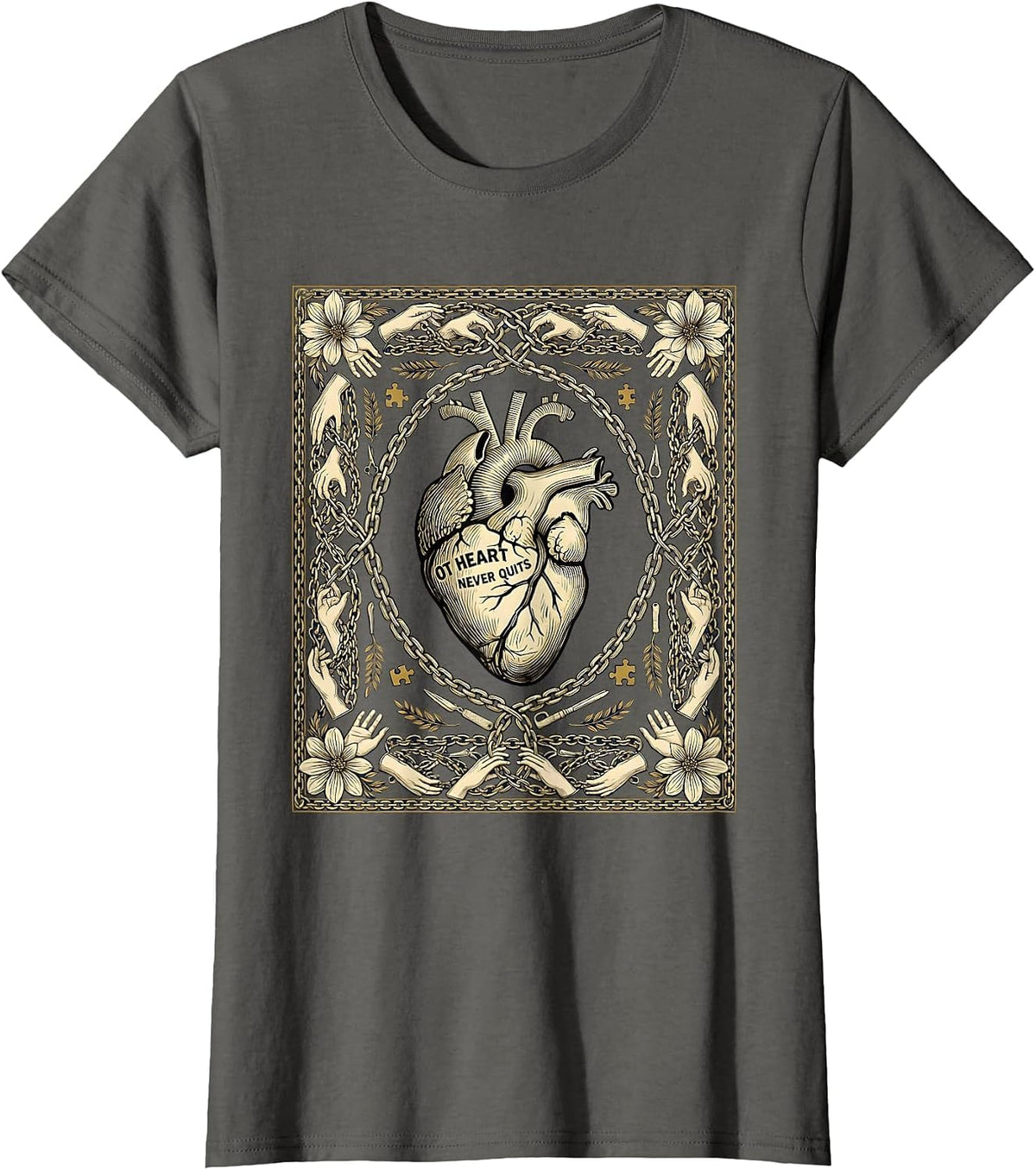 Women's OT Heart Never Quits Occupational Therapy Design T-Shirt - Asphalt Grey