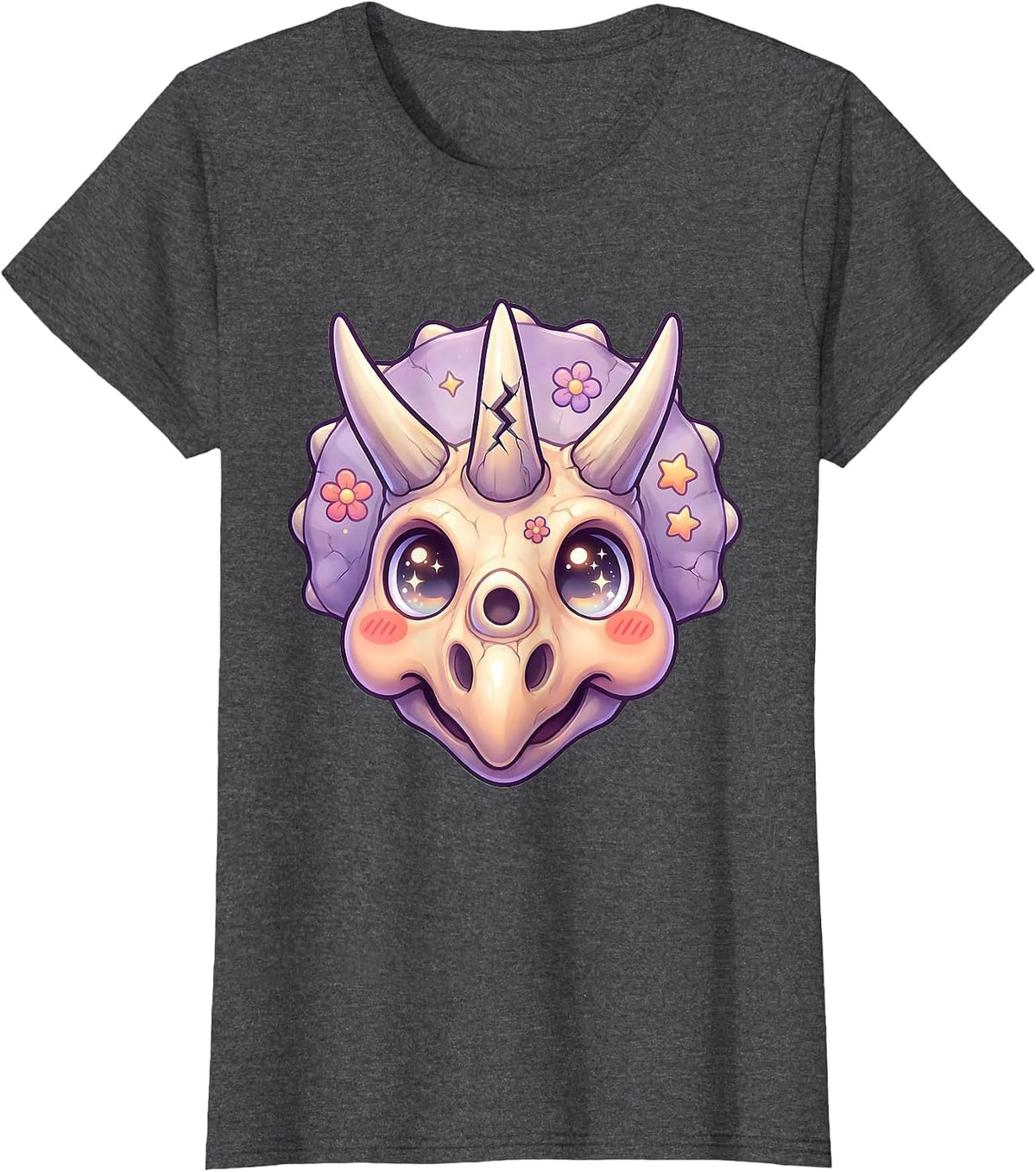 Women's Triceratops Skull Cracked Horn Dinosaur Illustration T-Shirt - Dark Heather Grey