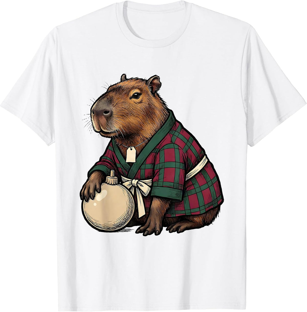 Men's Reclining Capybara Checked Robe Holiday Humor T-Shirt - White