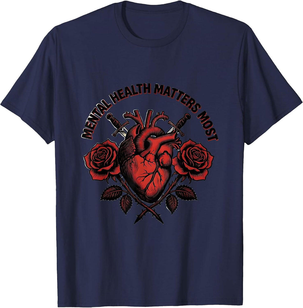 Mental Health Matters Most Awareness Design T-Shirt - Navy Blue