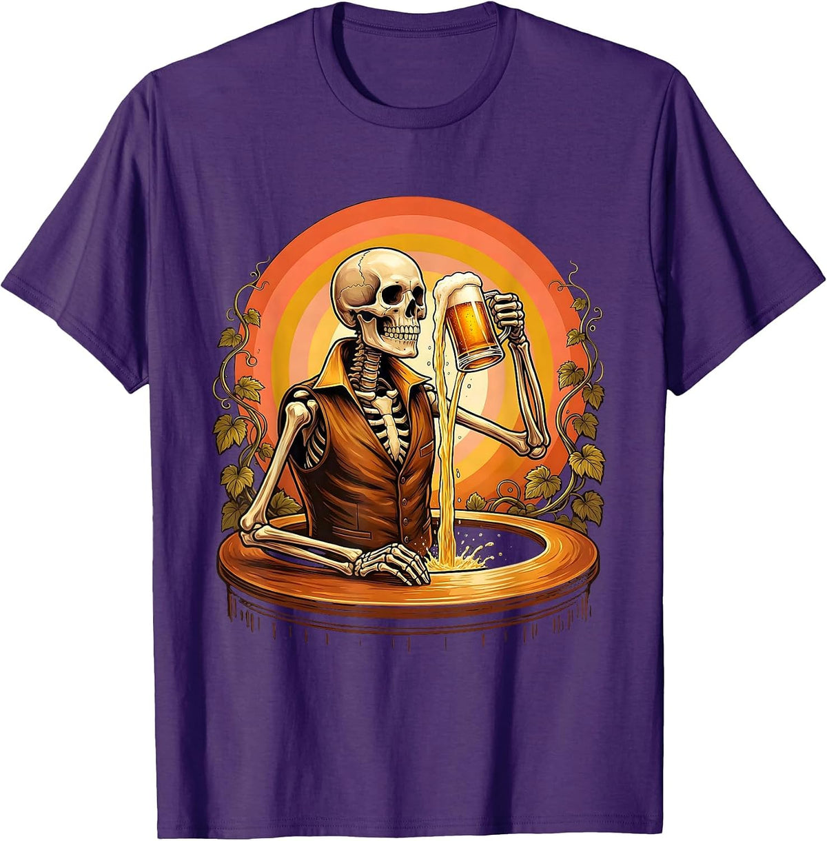 Skeleton Bartender Pouring Golden Draft Beer T-Shirt - Purple