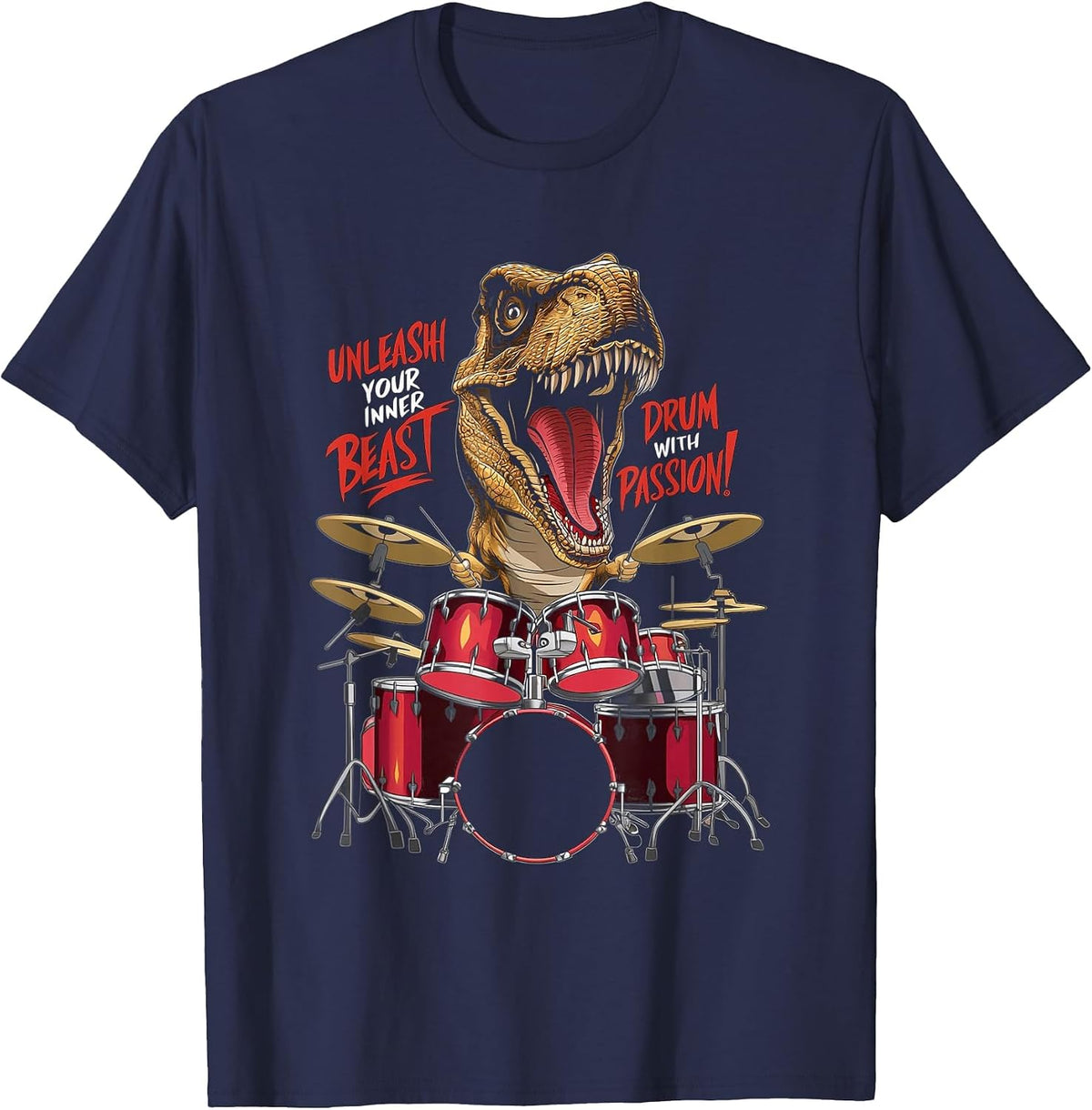 Cool Dinosaur Drummer - Boys Girls Kids Drummers T-Shirt - Navy Blue