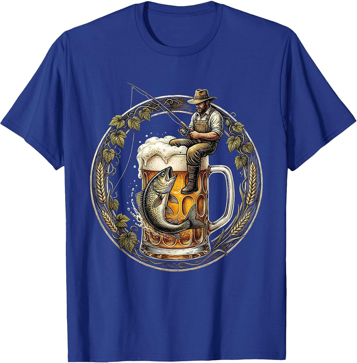 Men's Fisherman Catching Fish in a Beer Glass T-Shirt - Royal Blue