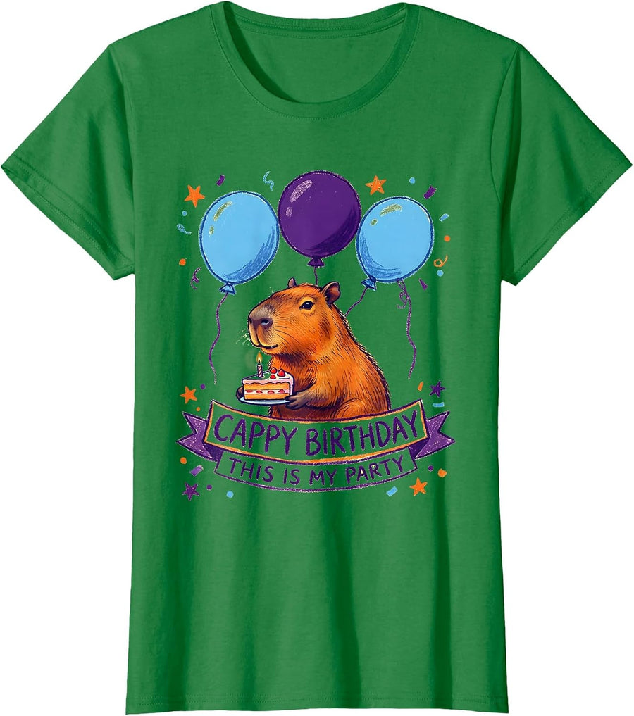 Women's Cappy Birthday This Is My Party Kawaii Girl Capybara T-Shirt - Kelly Green