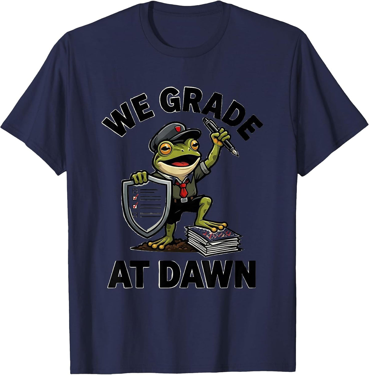 Men's We Grade At Dawn Funny Frog Teacher English Reader Back T-Shirt - Navy Blue