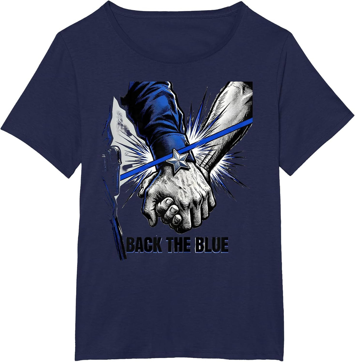 Women's Back The Blue Comic Book Thin Blue Line Police Support T-Shirt - Navy Blue