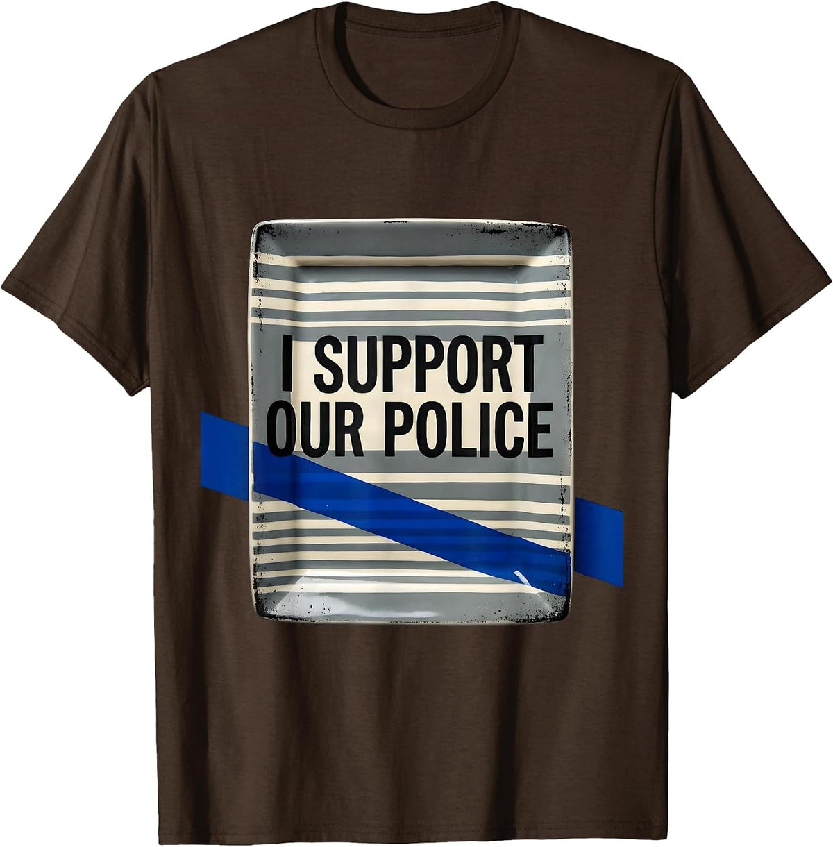 I Support Our Police Stencil Graphic Thin Blue Line Police T-Shirt - Brown