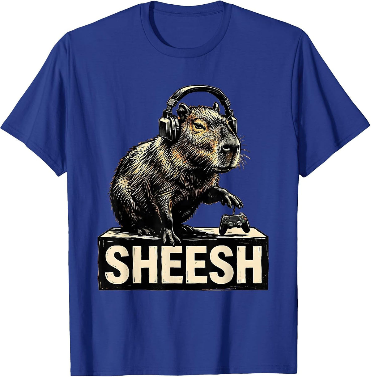 Sheesh Linocut Capybara Gamer Meme Humor Cute T-Shirt - Royal Blue