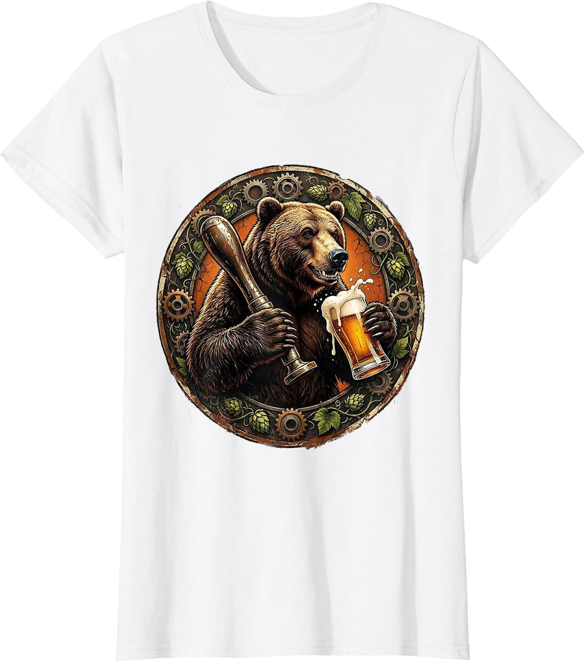 Women's Grizzly Bear Bartender Pouring Draft Beer Graphic T-Shirt - White