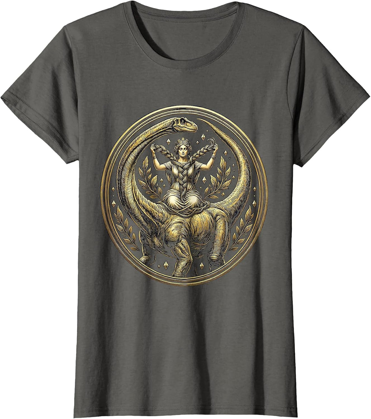 Women's Braiding the Brachiosaurus Dinosaur Graphic T-Shirt - Asphalt Grey