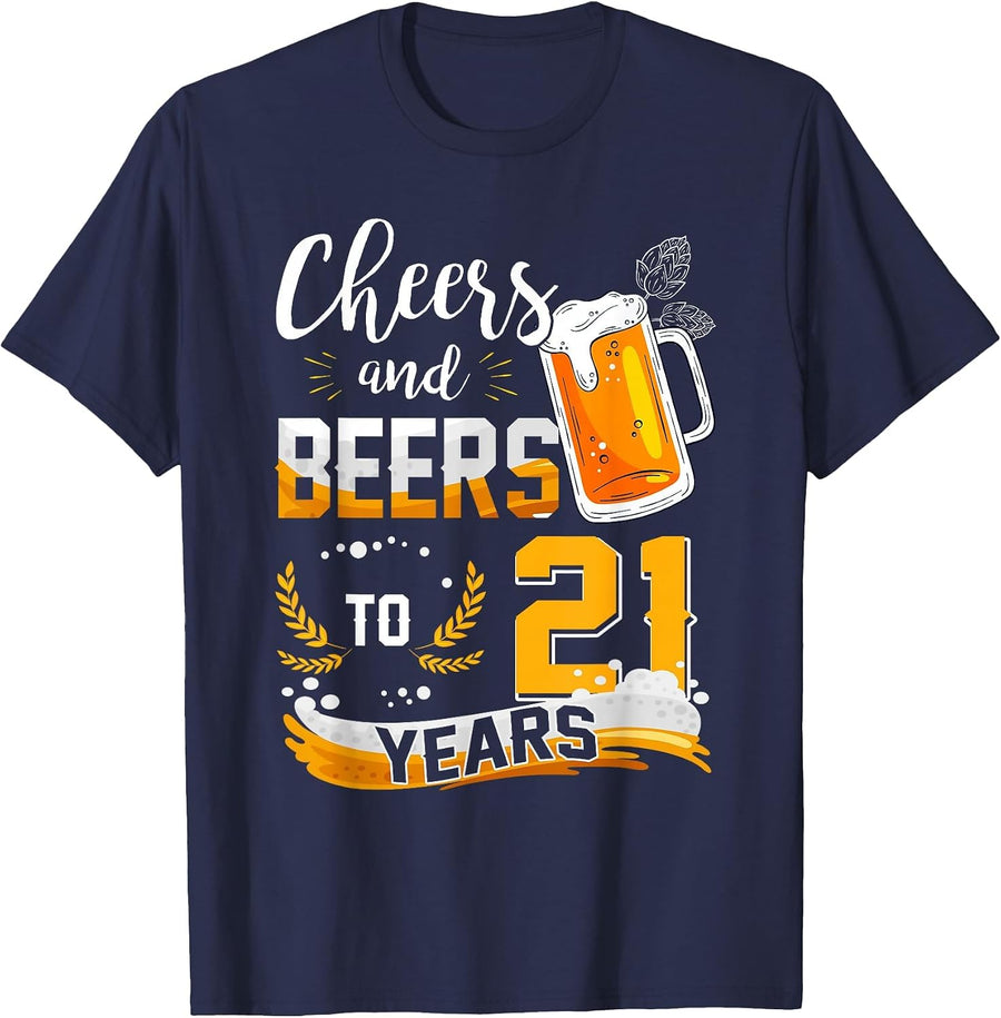 21st Birthday Cheers and Beers to 21 Years Born in 2002 T-Shirt - Navy Blue