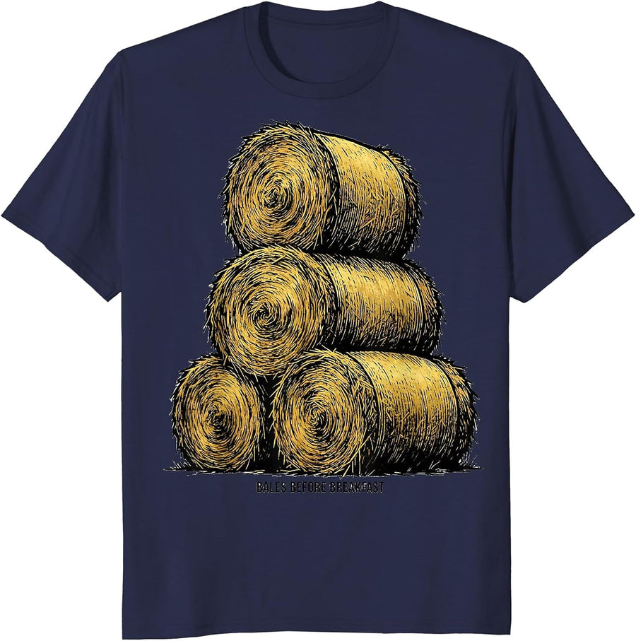 Bales Before Breakfast Funny Farmer Tractor Owner Rural T-Shirt - Navy Blue